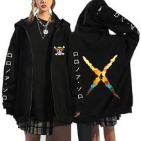 One Piece Zoro Sunset X Silhouette Zip Hoodie Japanese Sleeve Prints Back X Shape Sunset Beach Scene Oversized Anime Fan Zip‑Up XXL juoda