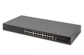 Komutatorius Digitus tinklo jungiklis, 24 prievadai 10/100/1000 + 4SFP+ UPLINK, 19 colių serverių spintoms