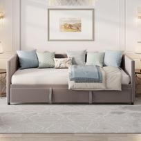 Sofa - lova, ištraukiama, 90 x 200 cm / 180 x 200 cm, pilka, aksomas, su lentjuostėmis, minkštomis porankiais, daugiafunkcis (be čiužinio)