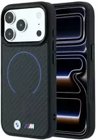 BMW M Kevlar mėlynas su spaudiniu, žiedu ir metaliniu logotipu „MagSafe“ dėklas, skirtas iPhone 18 Pro Max / 17 Pro Max – juodas
