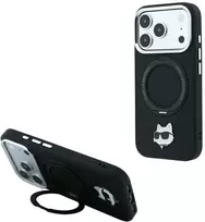 Karl Lagerfeld su žiediniu stovu 360 Choupette galvos smeigtuku MagSafe dėklas iPhone 18 Pro / 17 Pro – Juodas
