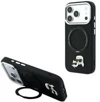 Karl Lagerfeld su žiediniu stovu 360 Karl & Choupette Heads Pin MagSafe dėklas iPhone 18 Pro / 17 Pro - Juodas