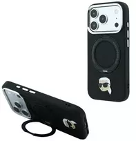 Karl Lagerfeld su žiediniu stovu 360 Karl Head Pin MagSafe dėklas iPhone 18 Pro / 17 Pro - Juodas