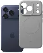 Oem dėklas iPhone 18 Pro / 17 Pro silikoninis Mag dangtelis, suderinamas su MagSafe (kameros apsauga), sidabrinis