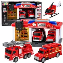 Lean Toys Gaisrinė su garažu ir transporto priemonėmis, raudona ir balta, 32 x 17 x 21 cm