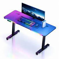 Computer Gaming Desk 140×60 cm with electric height adjustment 73–118 cm carbon-fiber-look surface RGB lighting