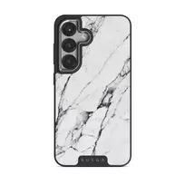 Satin White - Marble Samsung Galaxy S25 Case, Elite Dark (Magnetic) / Silver