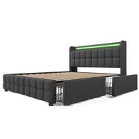 Minkšta dvigulė lova 140×200 cm, pilka, su USB, LED apšvietimu, 4 stalčiais, medinėmis grotelėmis, be čiužinio