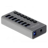 Delock USB šakotuvas 63669, 7x USB 3.2 Gen 1 Type A, 5Gbit/s, 1x USB 3.0 B, 12V DC, metalinis korpusas, pilkas, 7x LED