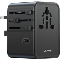 Usams kelioninis adapteris USA001590, 70W, 3x USB-C, 2x USB-A, 100-240V, JAV/AU/ES/JK, juodas