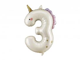 Folinis balionas skaičius PartyDeco Unicorn Number 3, balta sp.