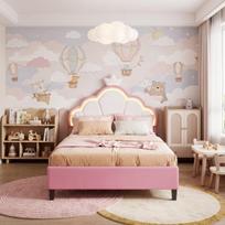 Vaikiška lova 140x200cm – LED – Reguliuojamas karūnos formos galvūgalis – Aksominis – Rožinė