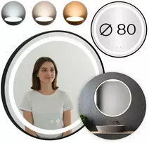 Apvalus juodas LED vonios veidrodis 80 cm su 3 šviesos spalvomis ModernHome