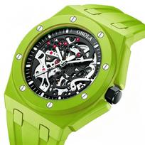 Vyriškas automatinis mechaninis skeletoninis laikrodis, atsparus vandeniui, šviečiantis, sportinis riešo laikrodis, silikoninis dirželis, tuščiaviduris dizainas žalia