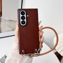 For Samsung Galaxy Z Fold 7 Case Luxury PU Skin With Lanyard Protective Back Cover Case For Samsung Z Fold7 6 5 4 Phone Shell Galaxy Z Fold4 tamsiai ruda spalva