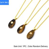 Natural crystal stone faceted water drop pendant micro-paved zircon fashion personalized necklace Tiger eye beige