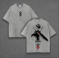 Manga Berserk Guts Printed T-shirt Vintage Washed Oversized T Shirt Summer Casual Cotton Short Sleeve Tee Clothes Men Clothing 3XL gray