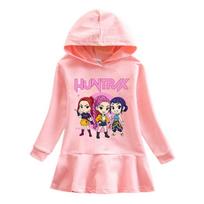 Cotton Kpop Rumi Zoey Mira Hunters Long Sleeves Hooded Dress for Girl 90cm pink