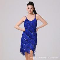 Sling sequined fringed skirt V-neck dress Latin dance skirt Dance performance suit Stage performance competition suit One size mėlyna