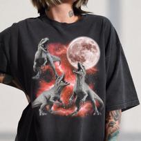 Carnotaurus Howling Moon T-Shirt, Retro Washed Dinosaur Tee, 90s Gothic Animal Print 4XL gray