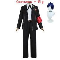 Žaidimo P3 Makoto Yuki Cosplay Kostiumas Perukas Gekkoukan Aukštosios Mokyklos Uniforma Siuvinėjimas Juodos Kostiumo Kelnės Marškiniai Kasdieniam Dėvėjimui Dovanos 3XL mėlyna/juoda