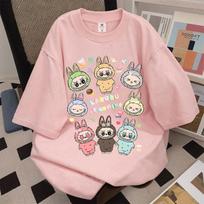 New LABUBU Printed Girl's Short Sleeve T-shirt Cute LABUBU Clothes Round Neck Loose 4-14 Year Old Children's Fashion Versatile Top 150 gray