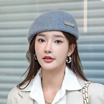 Women's Large Head Circumference Retro Woolen Warm Beret Hat gray