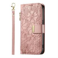 Gėlėta reljefinė odinė piniginė su atverčiamu dėklu XiaoMi RedMi Note 15 14 13 12 11 11s Pro Plus 4G 5G, su dangteliu ir riešo dirželiu Redmi Note 14 4G (Global) rožinė