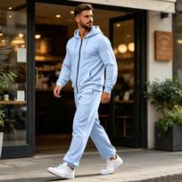 Men's Zip-Up Hoodie and Jogger Set with Multiple Pockets for Activewear M dangaus mėlyna spalva