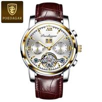 POEDAGAR Automatinis mechaninis laikrodis Vyriškas Tourbillon Skeletas Apyrankinis laikrodis Kalendorius Savaitės rodymas Odinis dirželis auksas/balta