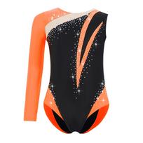 Mergaičių gimnastikos triko su blizgančiais cirkoniais, spalvų bloku, asimetrišku sijonu 5-6 Years oranžinė