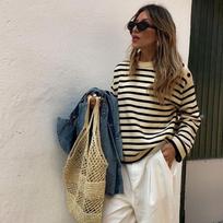 Vintage Fashion Elegant Casual Fall Knit Sweater Lazy Wind Round Neck Striped Sweater L gray
