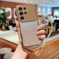 Glitter Wrist Strap Wave Case for Samsung Galaxy S2 S24 Ultra S22 Plus S23 FE Lanyard Gradient Plating Shockproof Cover for Samsung S22 Plus brown