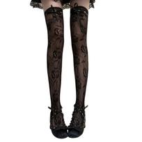 Lace Thigh High Socks With Rose Pattern Hollows Out Design Breathable Over Knee Stockings For Women Comfortable Polyester black