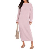 Women's One-Shoulder Sleeve Knit Dress Loose Long Knee-Length Casual Sweater One Size raudona