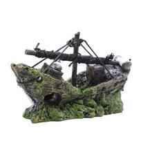 Žuvų akvariumo laivo sudužimo piratų laivo ornamentas simuliacija povandeninio pasaulio žuvų akvariumo kraštovaizdžio ornamentas dervos dekoracija žalia