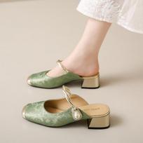 Women's Summer Mary Jane Heels Chunky Heeled Mules Pumps With Ankle Strap Non-Slip Low Block Heel Backless Square Closed Toe Dress Sandals for Women 38 žalia