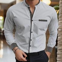 Men's Mandarin Collar Long Sleeve Shirt Slim Fit Casual Business Shirt With Striped Cuffs and Pocket Detail XL pilka
