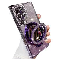 Luxury Diamond Glitter Magnetic Mirror Stand Holder Case for Samsung Galaxy S26 Ultra S25 S24 S23 FE S22 Plus A56 A55 A36 Cover Galaxy S26 violetinė