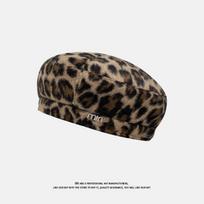 New Leopard Print Beret Literary Retro Autumn and Winter Octagonal Hat Versatile Sweet and Cool Painter Newsboy Hat Trend One Size black