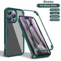 360 viso korpuso ekrano apsauga skaidrus dėklas iPhone 16E 16 15 14 13 12 11 Pro XR XS Max Plus smūgiams atsparus telefono dangtelis For iphone 16e žalia