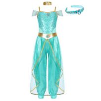 Mergaičių Helovino Arabų Princesės Cosplay Kostiumas Be Rankovių Blizgučiai Ilgas Kombinezonas Chokeris Brangakmenių Galvos Apdangalas Pilnas Rinkinys 15-16 Years šviesiai žalios spalvos