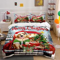 Dog and Cat Christmas Scene Bedding Duvet Cover Set  (1*Duvet Cover 2*Pillowcases, without duvet insert) 135x200cm white