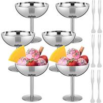 J1UL1N Bulk 6 Sets Stainless Steel Ice Cream Cups Dessert Bowls With Forks Silver Small Metal Footed Cup For Party Supplies 6.7 gray
