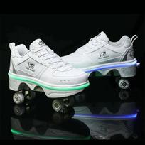Double-Row Deform Wheel Automatic Walking Shoes Invisible Deformation Roller Skate 2 in 1 Removable Pulley Skate Skating Parkour 42 white