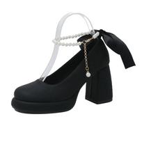Moterų prabangūs Mary Jane platforminiai batai Pavasario naujiena Perlinis lankelis Seklus komfortas Storas aukštakulnis Batai Siurbliai Zapatos De Mujer 35 black