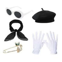 1980s French Costume Set French Women Beret Hat Costume Accessories Oval Sunglasses Scarf Gloves juoda