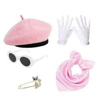 1980s French Costume Set French Women Beret Hat Costume Accessories Oval Sunglasses Scarf Gloves rožinė