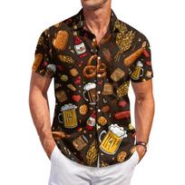 Men's Casual Short Sleeve Button Down Shirt Oktoberfest Beer Mug Pretzel Heart Print Lightweight Summer Shirt L ruda