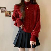 Women's Turtleneck Sweater with Lazy Style Lantern Sleeves Elegant Gentle Knitted Top for Autumn and Winter 2XL raudona